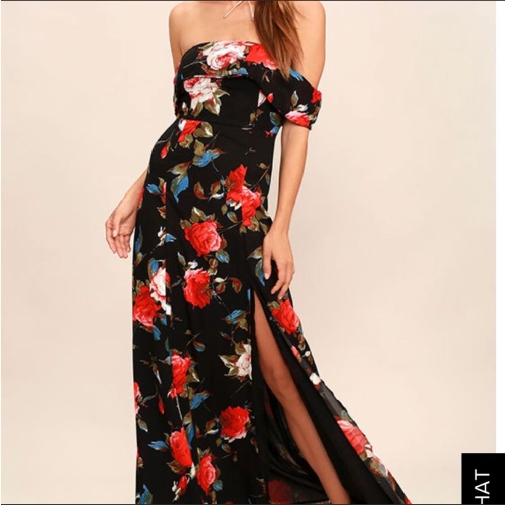 Lulu’s I Care Black Floral Print Off-The-Shoulder Maxi Dress